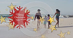 Animation of merry christmas and happy new year text with stars over biracial family at beach