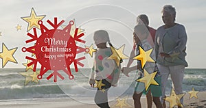 Animation of merry christmas and happy new year text with stars over biracial family at beach