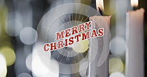 Animation of merry christmas text over lit candles background