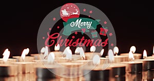 Animation of merry christmas text over lit tea candles background