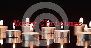 Animation of merry christmas text over lit tea candles background