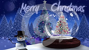 Animation of merry christmas text snow falling over christmas snow ball with snowman