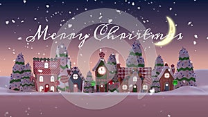 Animation of merry christmas text and snow falling on trees and illuminated houses at night