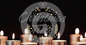 Animation of merry christmas time over lit tea candles background