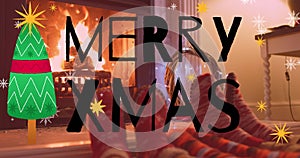 Animation of merry xmas text, christmas tree and stars over family warming feet by fireplace