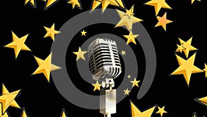 Animation of microphone over golden star icons floating against black background with copy space