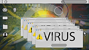 Animation of microprocessor connections and virus pop ups against close up of a computer server