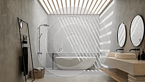 Animation of minimal style loft bathroom with natural light from a large skylight 3d render