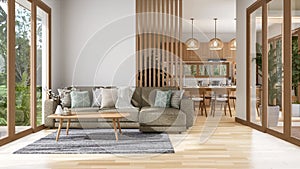 Animation of modern contemporary living room with dining room and kitchen background 3d rende