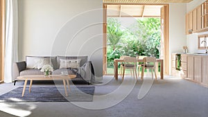 Animation of modern contemporary loft style living and dining room with tropical garden view 3d render