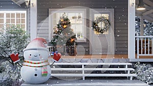 Animation of modern luxury front home entrance porch in winter with Christmas and New Year concept 3d render