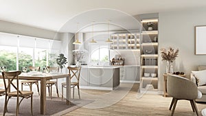 Animation of modern luxury vintage style living and dining room overlooking kitchen and nature view 3d render