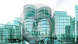 Animation of modern style hi rise green glass building exterior with sunny blue sky background 3d render