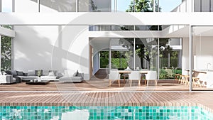 Animation,Modern style white house exterior with wooden swimming pool terrace 3d render