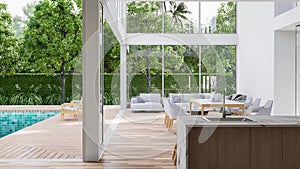 Animation of modern style white house interior with wooden swimming pool terrace 3d render