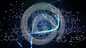 Animation of molecule structures with letters, numbers over dna helix and innocent text