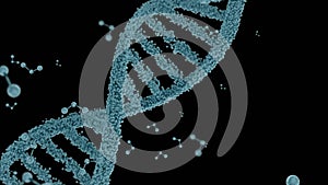 Animation of molecules floating and dna strand on black background