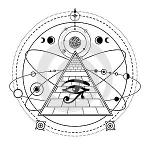 Animation monochrome drawing: symbol of  Egyptian pyramid, eye of Horus, cosmic symbols, orbits of planets.