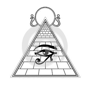 Animation monochrome drawing: symbol of  Egyptian pyramid, eye of Horus, divine solar disk with snakes.