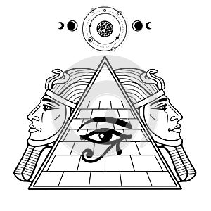 Animation monochrome drawing: symbol of  Egyptian pyramid, eye of Horus, profile of the pharaoh.