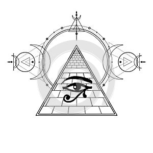 Animation monochrome drawing: symbol of  Egyptian pyramid, eye of Horus, Sacred geometry.