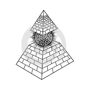 Animation monochrome drawing: symbol of  Egyptian pyramid with a separate vertex and burning ball inside.