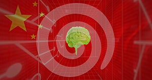 Animation of motherboard networks and rotating brain over flag of china