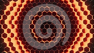 Animation movement of red hexagons with wave movements, honeycomb with offset effect. Red abstract neon glowing sci-fi