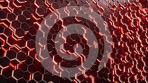 Animation movement of red hexagons with wave movements, honeycomb with offset effect. Red abstract neon glowing sci-fi