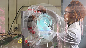 Animation of moving clock over african american female scientist working in lab