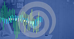 Animation of multicolored graphs over empty chair, cardboard box and desktop on desk at office