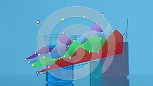 Animation of multiple graphs over liquid filled beakers on table against blue background