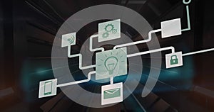 Animation of multiple icons forming flow charts and moving in tunnel