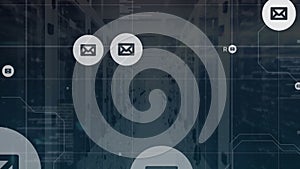 Animation of multiple messsage icons floating and data processing against computer server room