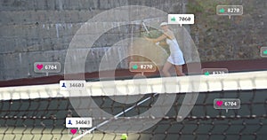 Animation of multiple notification bars over caucasian female tennis player hitting ball with racket