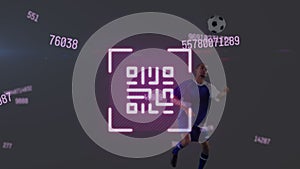 Animation of neon qr code and changing numbers over biracial male soccer player heading the ball