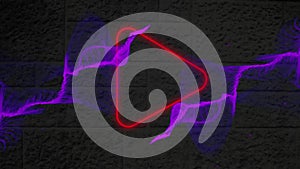 Animation of neon red play button icon and purple digital wave against brick wall background