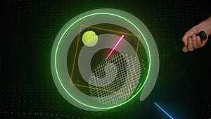 Animation of neon scanner processing data tennis player hitting ball with racket