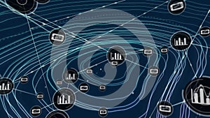 Animation of network of business and media icons transferring data over contour lines on blue