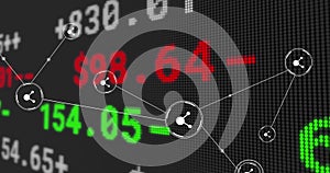 Animation of network of conncetions with icons over stock market