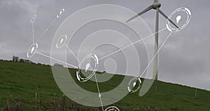 Animation of network of conncetions with icons over wind turbine