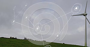 Animation of network of conncetions with icons over wind turbine