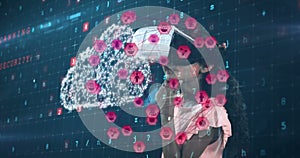 Animation of network of connections with icons over girl wearing vr headset and data processing