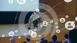 Animation of network of connections over caucasian man in wheelchair at meeting