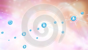 Animation of network of digital icons aganst spots of light on pink gradient background