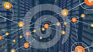 Animation of network of digital icons and binary coding against computer server room