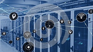 Animation of network of digital icons and data processing against computer server room