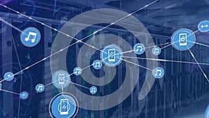 Animation of network of digital icons and plexus networks against computer server room