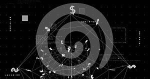 Animation of network of global currency symbols over data processing on black background