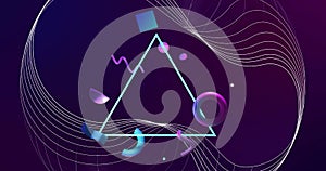 Animation of network lines and 3d blue and purple shapes rotating over triangle on dark background